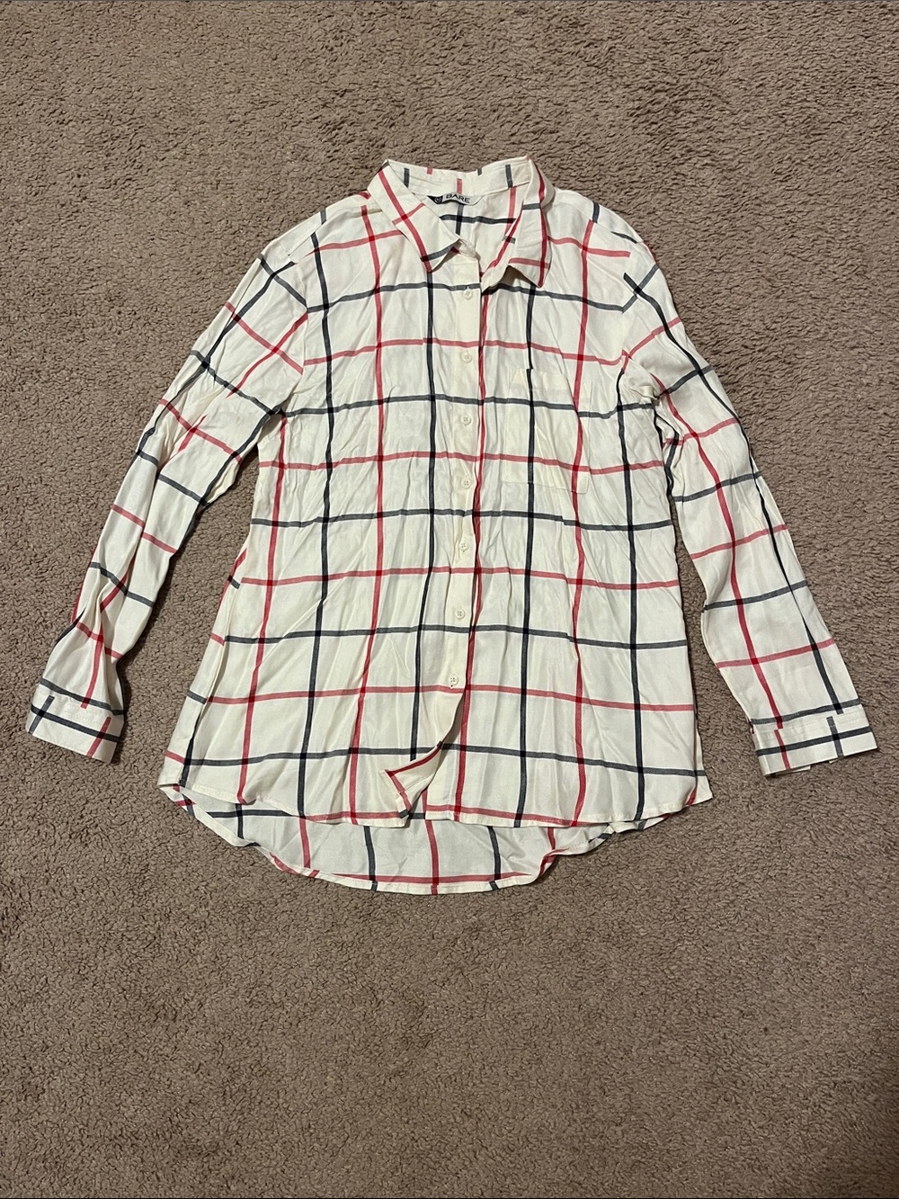 Women’s White Button-Down Plaid Shirt with Red and Navy Windowpane